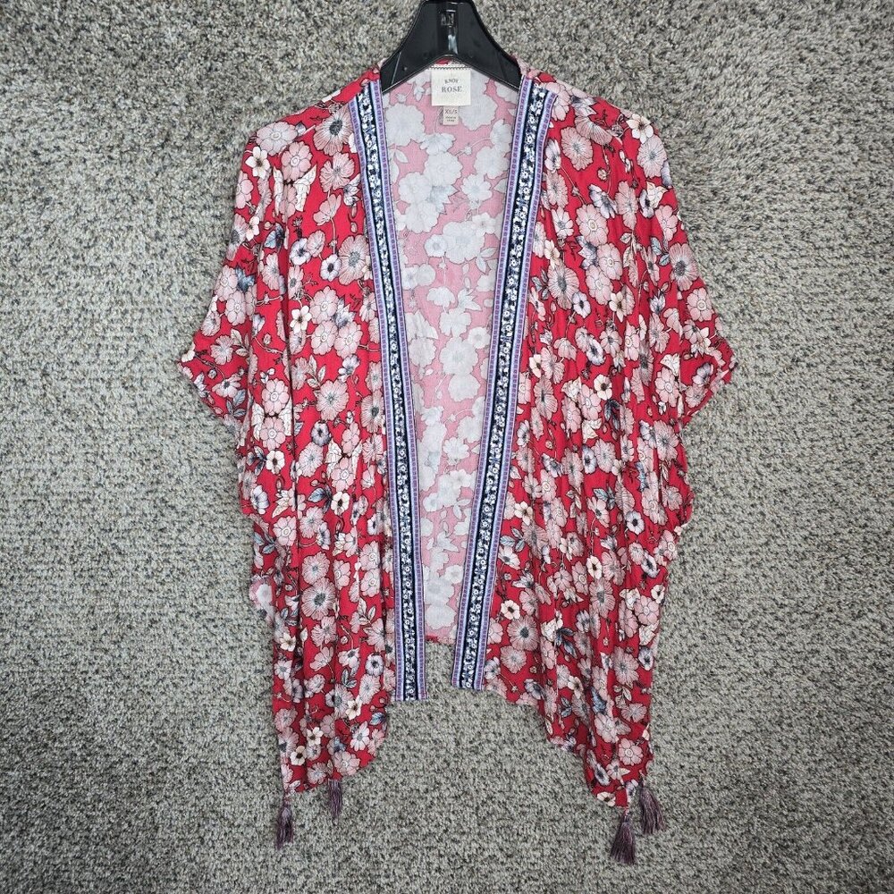 Knox Rose Cardigan Womens Small Red Floral Print Boho Open Front Casual Ladies